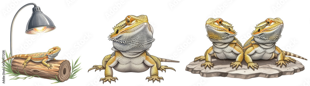 Fototapeta premium a collection of bearded dragon (pogona vitticeps) watercolor illustrations for reptile art