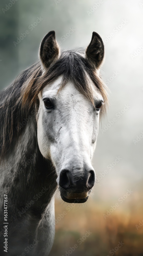 Naklejka premium Majestic gray horse standing gracefully in soft morning light with blurred background of nature
