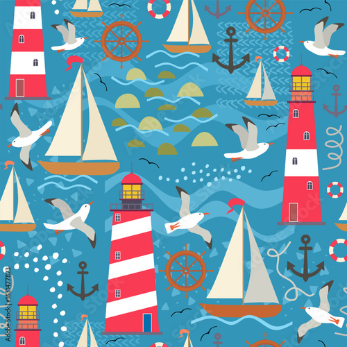 Marine seamless multicolor boys pattern with seagulls, lighthouse, yacht, steering wheel, rope, anchor, lifebuoy on blue background in vector. Nautical print for fabric.