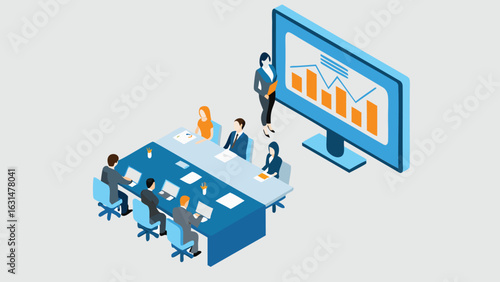 Isometric view of a business meeting with presentation and attendees around a conference table