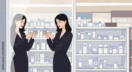 Two women in a store examining bottles of beauty products on shelves, making a purchasing decision.