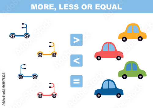 Choose more, less or equal. Task with cars and scooters. Educational game for children