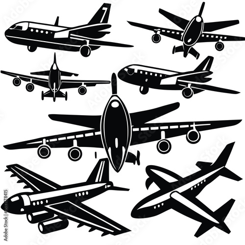 A collection of eight black airplane silhouettes and vector icons shown from various angles on a white background.