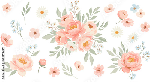 Delicate watercolor floral arrangement featuring peach peonies, daisies, and forget-me-nots on a white background.
