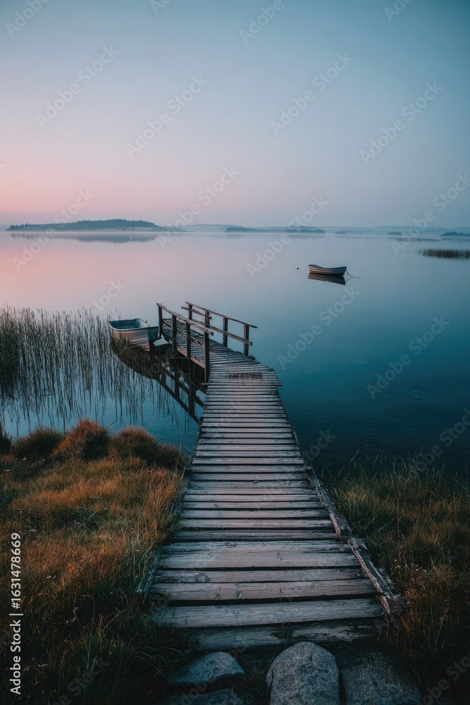 Fototapeta premium Peaceful wooden dock on a calm lake at dawn