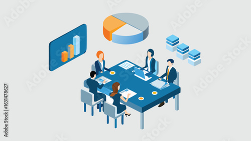 Isometric illustration of a business meeting with charts and graphs presentation displayed in the room