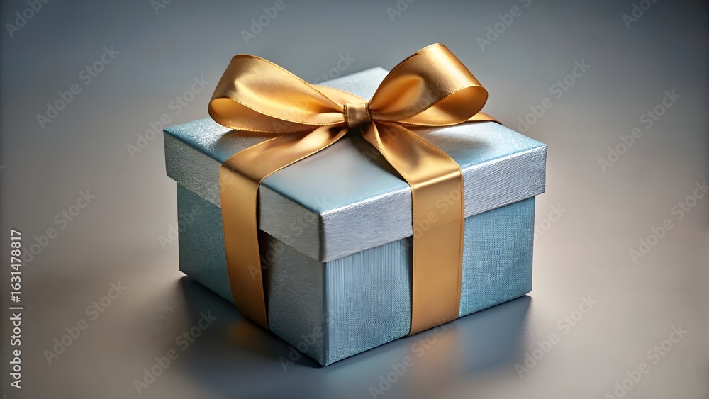 Obraz premium Elegant silver gift box with a golden ribbon and bow on a neutral background