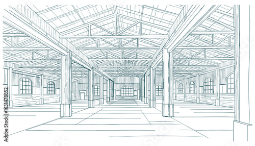 Industrial Warehouse Interior Perspective Line Drawing Vector Illustration. Large hall space design with steel beams.