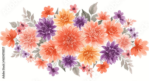 Watercolor floral arrangement with dahlias, leaves, and buds in orange, purple, and gray shades, creating a vibrant display