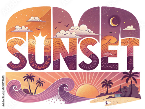 Dreamy sunset illustration with beach, palm trees, and calming night sky art