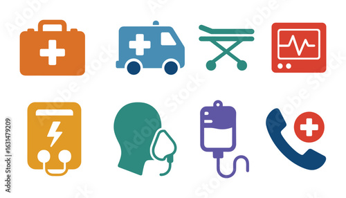 Medical Icons Set with First Aid, Ambulance, Stretcher, Defibrillator, and More Vector Illustration