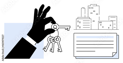 Hand holding multiple keys with city buildings and document graphic. Ideal for real estate, property management, rental agreements, homeownership, urban living, key access, simple flat metaphor