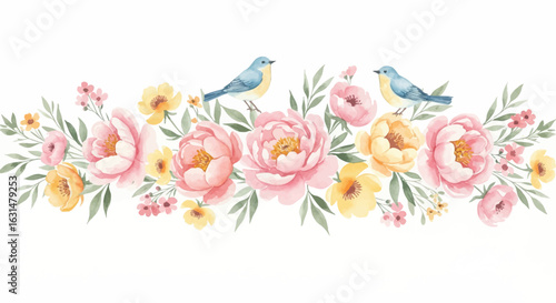 Watercolor floral arrangement with birds illustration, delicate pink peonies and yellow blossoms design element, spring