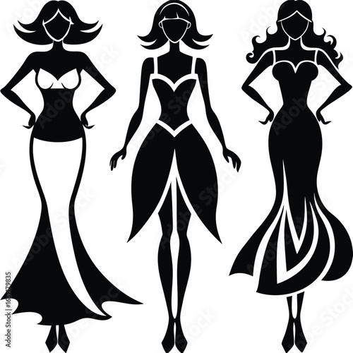 Three elegant black silhouettes of women in various stylish evening gowns and formal dresses.