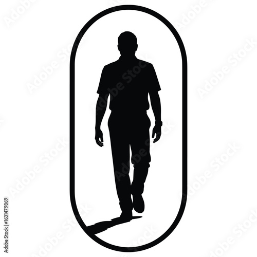 Man walking forward in oval frame silhouette