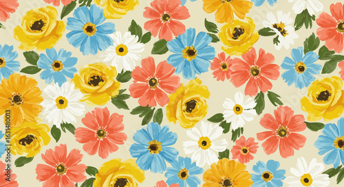 Vibrant floral pattern with yellow roses, coral blossoms, and blue daisies in a seamless repeat design for backgrounds and textiles