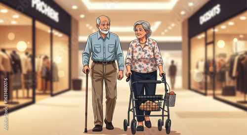 An elderly couple strolling through a shopping mall, enjoying a leisurely walk together.
