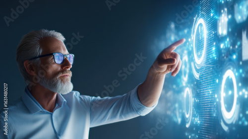 A mature man interacts with a digital interface, showcasing advanced technology and data visualization.