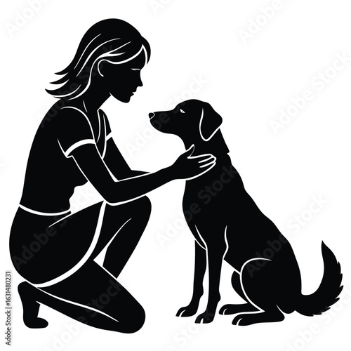 Woman and dog in a loving interaction, silhouette illustration.