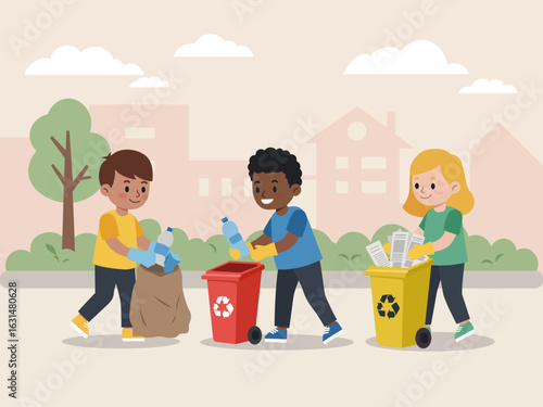 kids garbage sack save the planet children characters clean environment garbage recycling ecology protection social charity volunteers cleaning city park cartoon people illustration