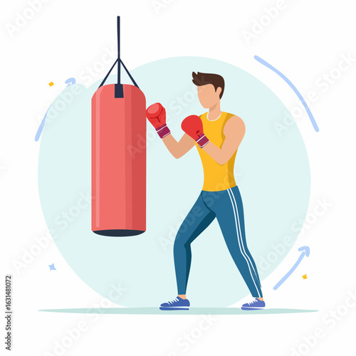Flat vector design of a man boxing with a punching bag in a gym, wearing gloves and athletic clothes, intense and focused expression