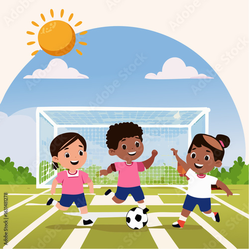Flat vector illustration of kids playing soccer on a field, kicking the ball, with goalpost, grass, and sunny sky background
