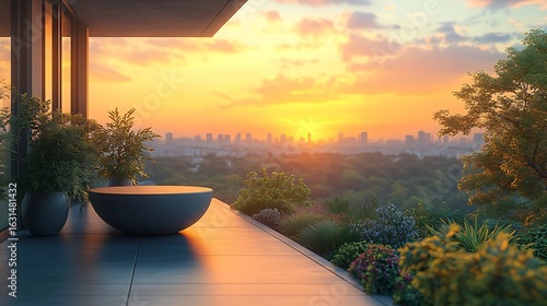 Modern home balcony sunset city view