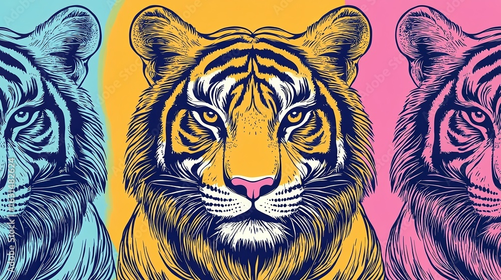 Vibrant illustration of three tigers against colorful backgrounds, showcasing their fierce expressions, Ideal for wildlife conservation campaigns, art projects Vibrant illustration of three tigers against colorful backgrounds, showcasing their fierce expressions, Ideal for wildlife conservation campaigns, art projects