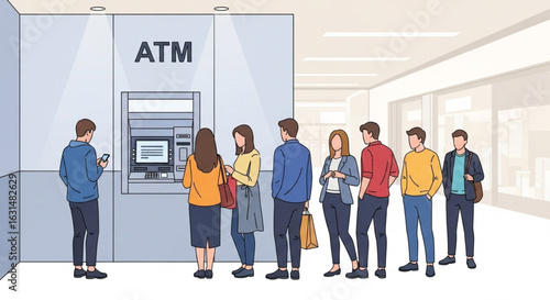A line of people using an ATM machine in a modern shopping mall.