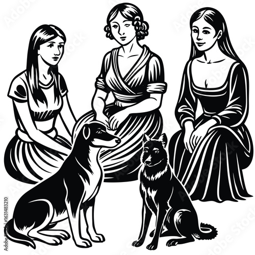Four women and two dogs sitting together in a vintage style illustration.