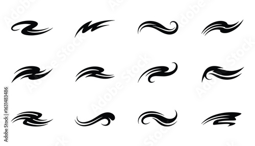 Set of Tribal Swirls Design Elements Vector Illustration. Abstract black ornate tattoo shapes collection