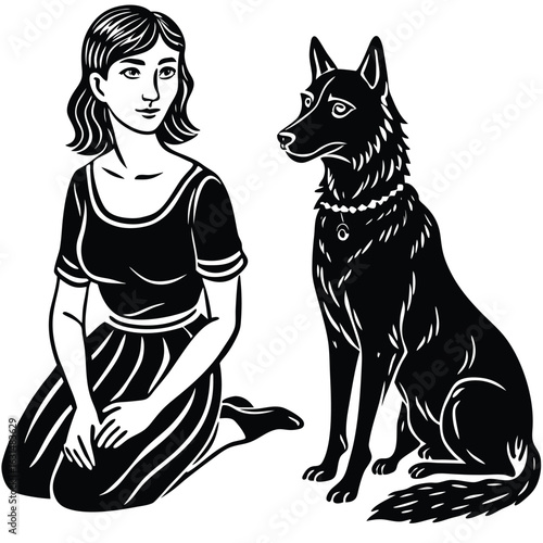 A woman in a dress kneels beside a seated dog wearing a beaded necklace.