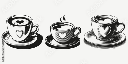 coffee cup with heart sketch illustration vector set