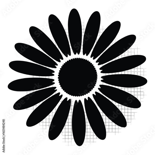 Black and white daisy silhouette illustration on a gridded background floral design element for posters and creative projects
