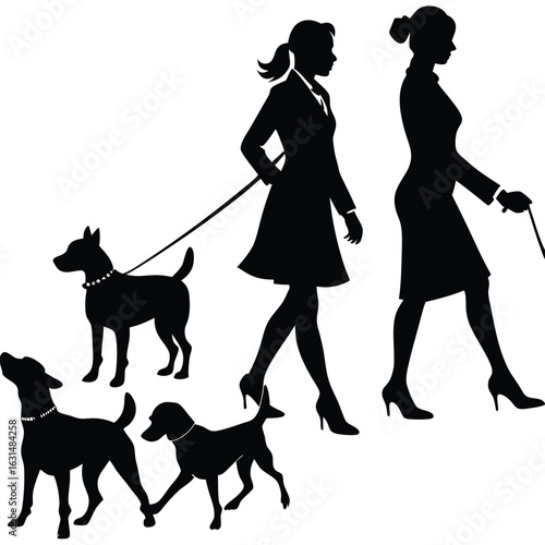 Silhouettes of two professional women walking with three different dogs on a white background.