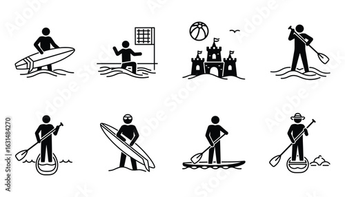 Stick Figure Summer Vacation Icons Set: Surfing, Volleyball, Sandcastle, Paddleboarding Vector Illustration