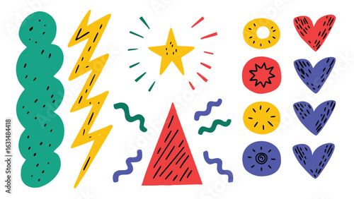 Illustration of a variety of colorful shapes including a star, hearts, lightning bolts and a triangle