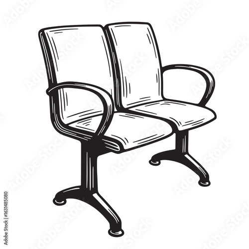 Black and white hand drawn illustration of a vintage waiting room bench or chair