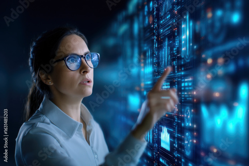 A focused woman interacts with a digital interface, showcasing data and technology in a modern, high-tech environment.