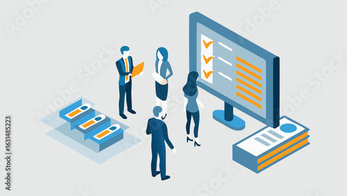 Isometric illustration of a business team reviewing a checklist on a large computer screen together