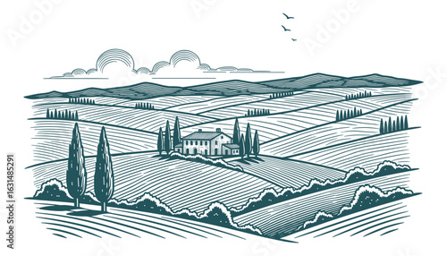 Tuscan Landscape Farmhouse Cypress Trees Hills Woodcut Style Vector Illustration