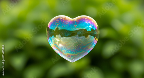 Heart-shaped bubble floating with colorful reflections against a blurred green background