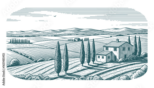 Tuscan Landscape with Farmhouse, Cypress Trees, and Rolling Hills, Hatch Style Shading Vector Illustration.