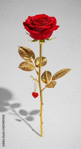A single red rose with a gold stem leaves, isolated on white background