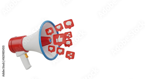 Red White Megaphone with Social Media Icons on Transparent Background