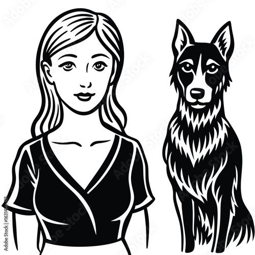 Black and white illustration of a woman and her dog, both looking forward.
