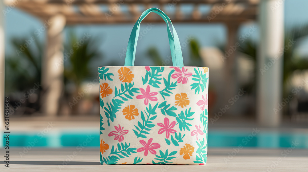 custom made wallpaper toronto digitalFloral tote bag with blue handles by outdoor pool in summer