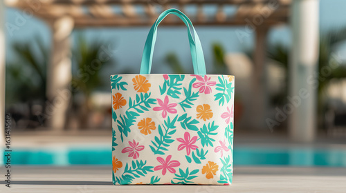 Wallpaper Mural Floral tote bag with blue handles by outdoor pool in summer   Torontodigital.ca