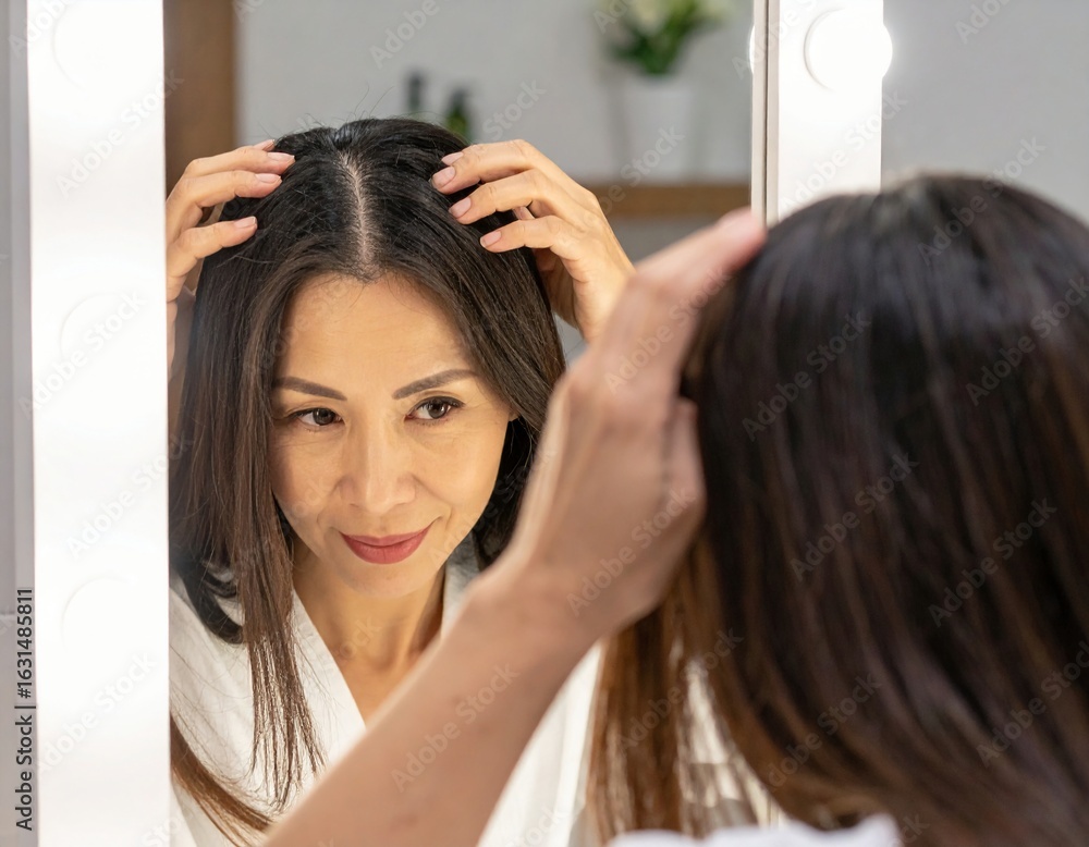 Fototapeta premium 薄毛が気になり、鏡を見ながら髪の生え際を触る女性
