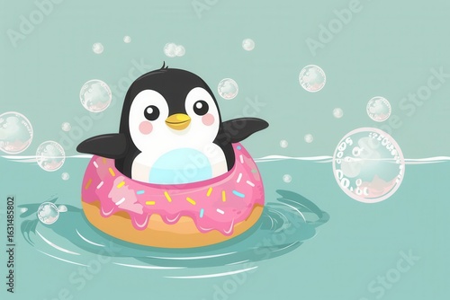 Cute Penguin Floating Peacefully in Blue Water Donut Swim Ring Cartoon Bubbles Sweet Illustration Summer Fun Playful